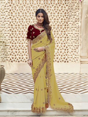 Rajwada Yellow Georgette Embroidered Elegant Saree For Women