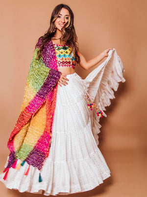 Rajwada White Georgette Printed Semi-Stitched lehenga For Women