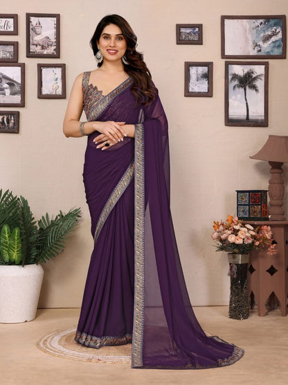 Rajwada Wine Georgette Embroidered Saree For Women