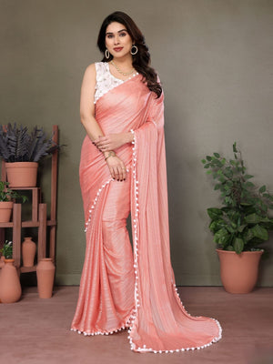 Rajwada Peach Banglori Lace Work Saree With Unstitched Blouse For Women
