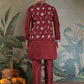 Rajwada Maroon Viscose Silk Embroidered Stitched Kurta Set For Men