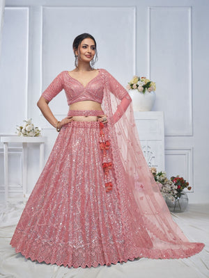 Rajwada Pink Soft Net Embellished Semi-Stitched Lehenga With Unstitched Blouse For Women