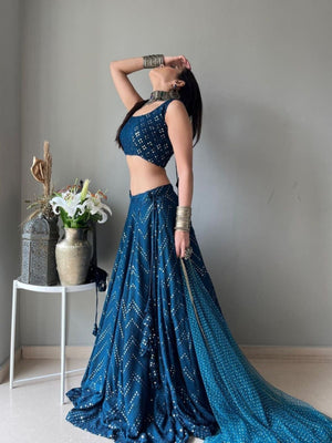 Rajwada Teal Blue Georgette Embellished Semi-Stitched Lehenga For Women