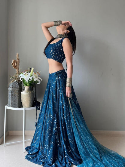 Rajwada Teal Blue Georgette Embellished Semi-Stitched Lehenga For Women