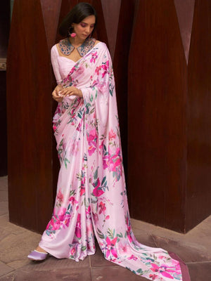 Rajwada Pink Satin Printed Saree With Unstitched Blouse For Women