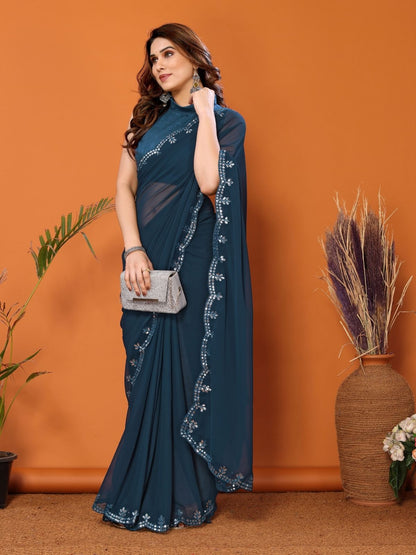 Rajwada Teal Blue Georgette Printed Saree For Women