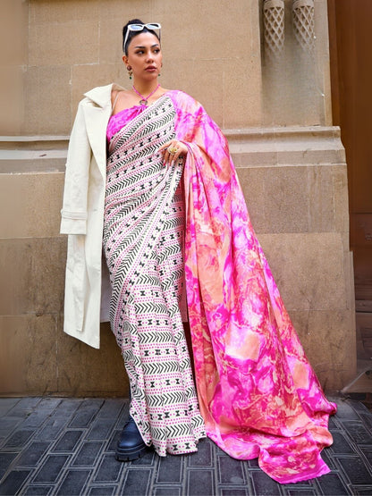 Rajwada White Satin Printed Saree With Unstitched Blouse For Women