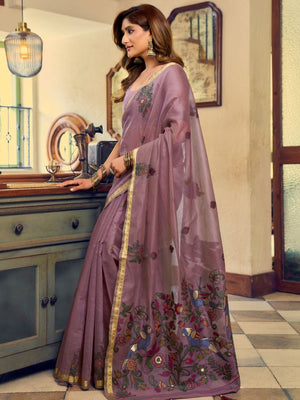 Rajwada Mauve Cotton Blend Solid Saree For Women