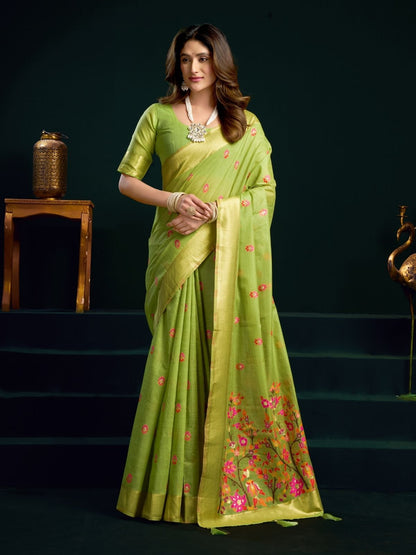 Rajwada Light Green Cotton Blend Printed Saree For Women