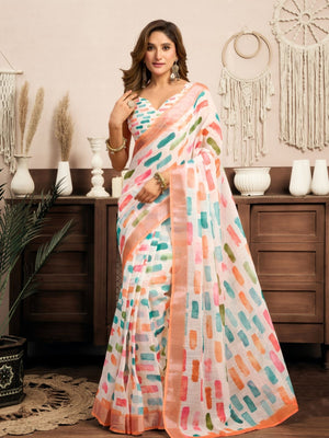 Rajwada Multicolour Cotton Linen Zari Work Saree For Women