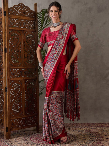Rajwada Maroon Silk Blend Printed Elegant Saree For Women