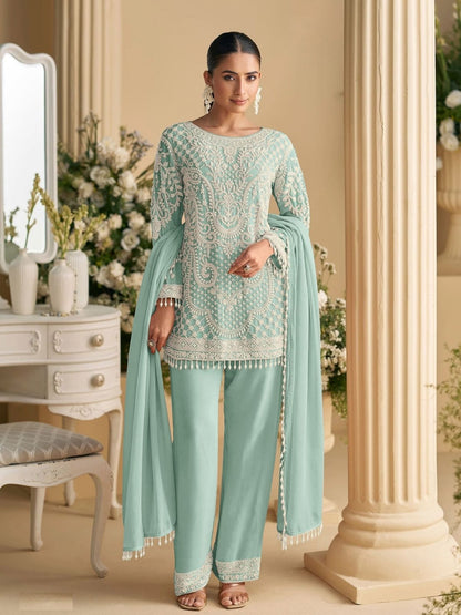 Rajwada Light Blue Georgette Embellished Semi Stitched Kurta Set For Women