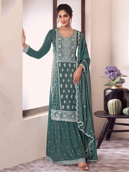 Rajwada Green Chiffon Embroidered Semi Stitched Kurta Set For Women