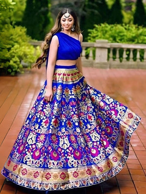 Rajwada Blue Jacquard Silk Woven Semi-Stitched Lehenga For Women