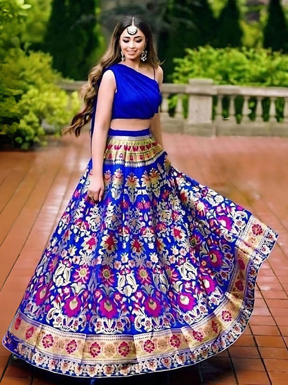 Rajwada Blue Jacquard Silk Woven Semi-Stitched Lehenga For Women