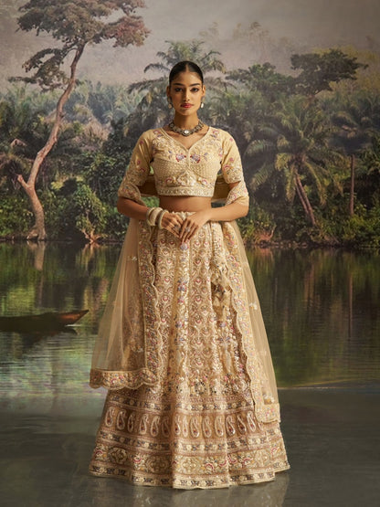 Rajwada Cream Net Embroidered Semi-Stitched Lehenga For Women