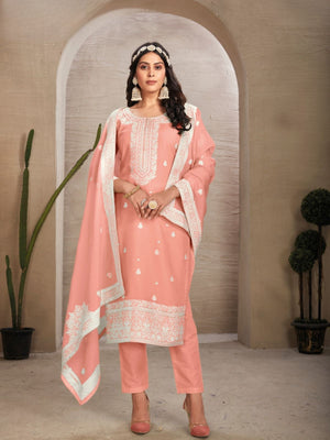 Rajwada Peach Organza Embroidered Semi-Stitched Kurta Set For Women