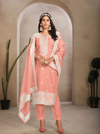 Rajwada Peach Organza Embroidered Semi-Stitched Kurta Set For Women