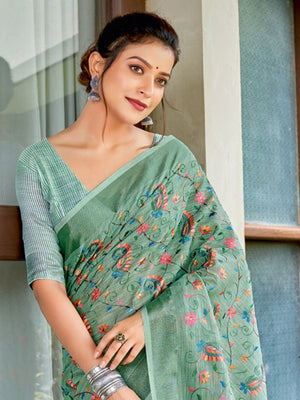 Rajwada Teal Green Cotton Linen Striped Saree For Women