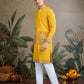 Rajwada Yellow Cotton Blend Embroidered Stitched Kurta For Men