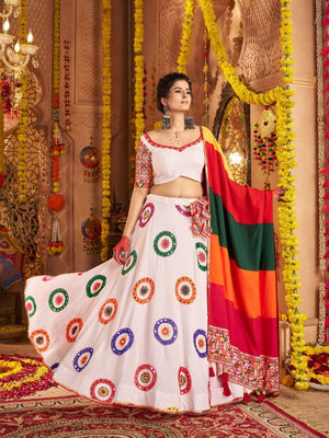 Rajwada White Viscose Cotton Embroidered Semi-Stitched lehenga With Stunning Tassels For Women