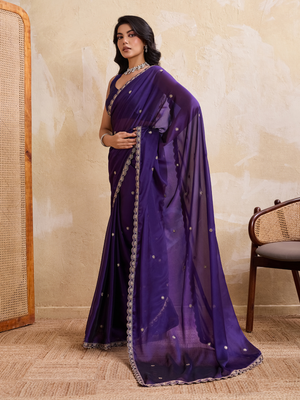 Rajwada Purple Silk Blend Embroidered Saree For Women
