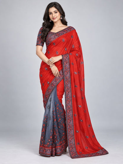 Red Silk Blend Embroidered Saree