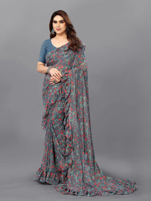 Rajwada Multicolor Georgette Printed And Ruffle Saree For Women