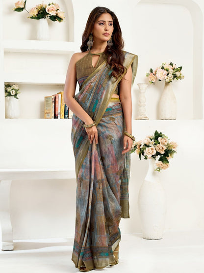 Rajwada Multicolour Cotton Linen Zari Work Saree For Women