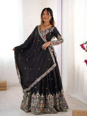 Rajwada Black Silk Blend Embroidered Semi-Stitched lehenga For Women