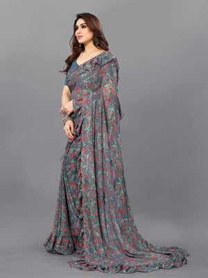 Rajwada Multicolor Georgette Printed And Ruffle Saree For Women