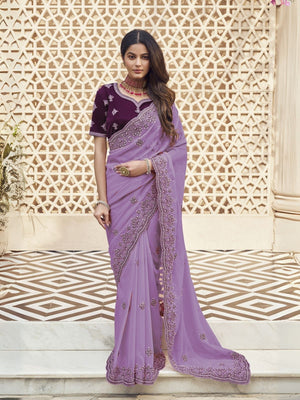 Rajwada Lavender Georgette Embroidered Elegant Saree For Women