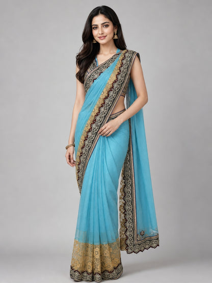 Blue Net Embellished Saree