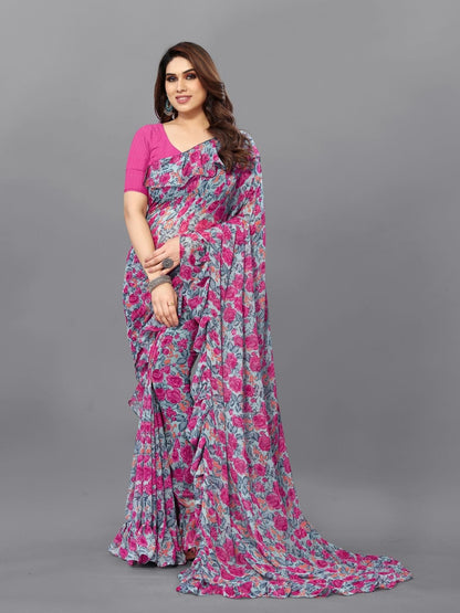 Rajwada Multicolor Georgette Printed And Ruffle Saree For Women