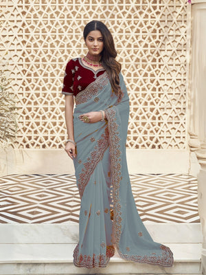 Rajwada Teal Georgette Embroidered Elegant Saree For Women