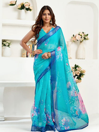 Rajwada Sky Blue Cotton Linen Zari Work Saree For Women