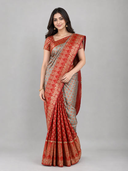 Silver And Red Silk Blend Solid Saree