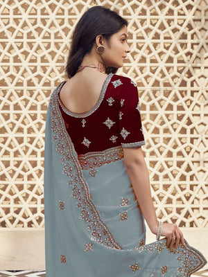 Rajwada Teal Georgette Embroidered Elegant Saree For Women