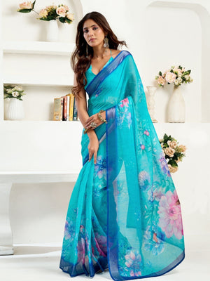 Rajwada Sky Blue Cotton Linen Zari Work Saree For Women