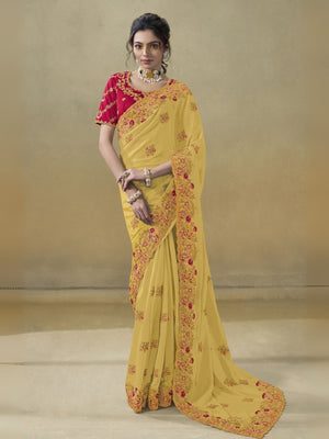Rajwada Yellow Georgette Embroidered Elegant Saree For Women