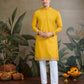 Rajwada Yellow Cotton Blend Embroidered Stitched Kurta For Men
