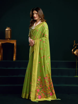 Rajwada Light Green Cotton Blend Printed Saree For Women