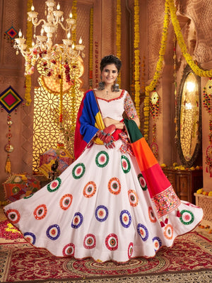 Rajwada White Viscose Cotton Embroidered Semi-Stitched lehenga With Stunning Tassels For Women