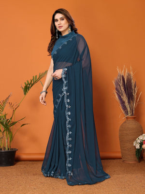 Rajwada Teal Blue Georgette Printed Saree For Women