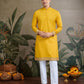 Rajwada Yellow Cotton Blend Embroidered Stitched Kurta For Men