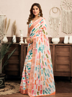 Rajwada Multicolour Cotton Linen Zari Work Saree For Women