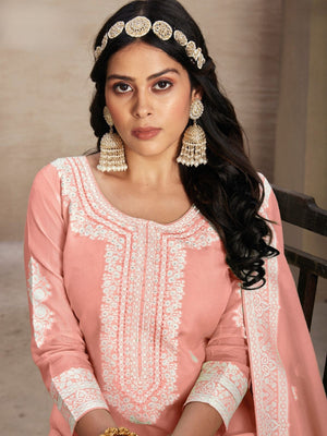 Rajwada Peach Organza Embroidered Semi-Stitched Kurta Set For Women
