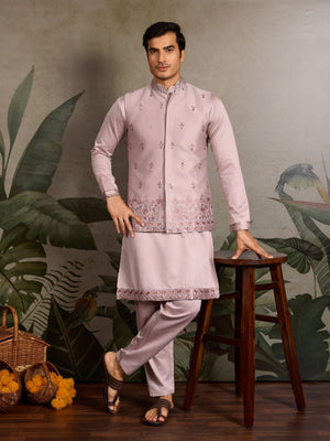 Rajwada Light Pink Silk Blend Embroidered Stitched Kurta Set For Men