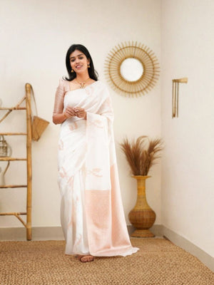 Rajwada White Silk Blend Woven Saree For Women