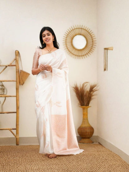 Rajwada White Silk Blend Woven Saree For Women